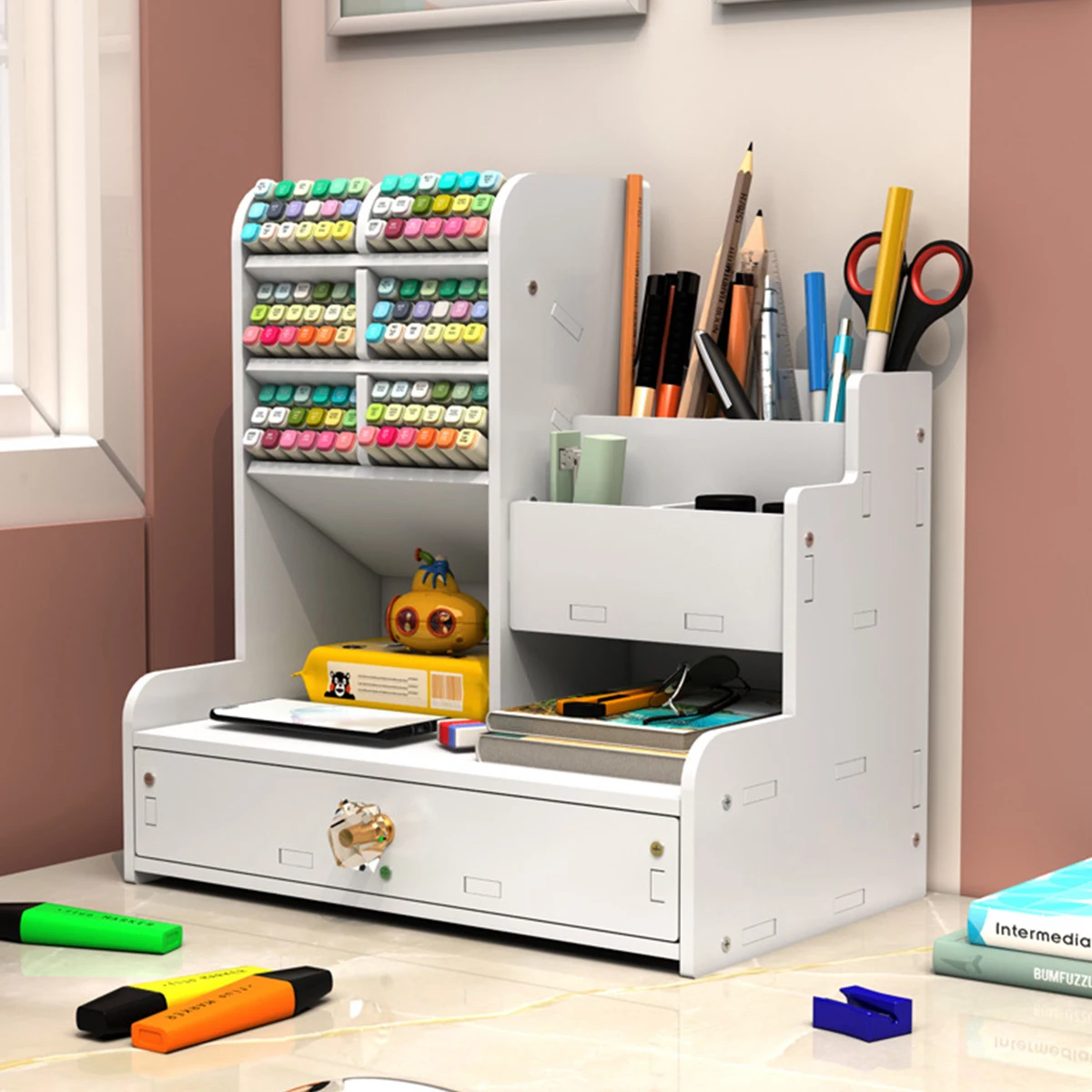 

Desk Organizer with Drawer, 2 Styles Multi-Compartment White Desktop Storage Box for Stationery, Books, Pens, Office Supplies, H