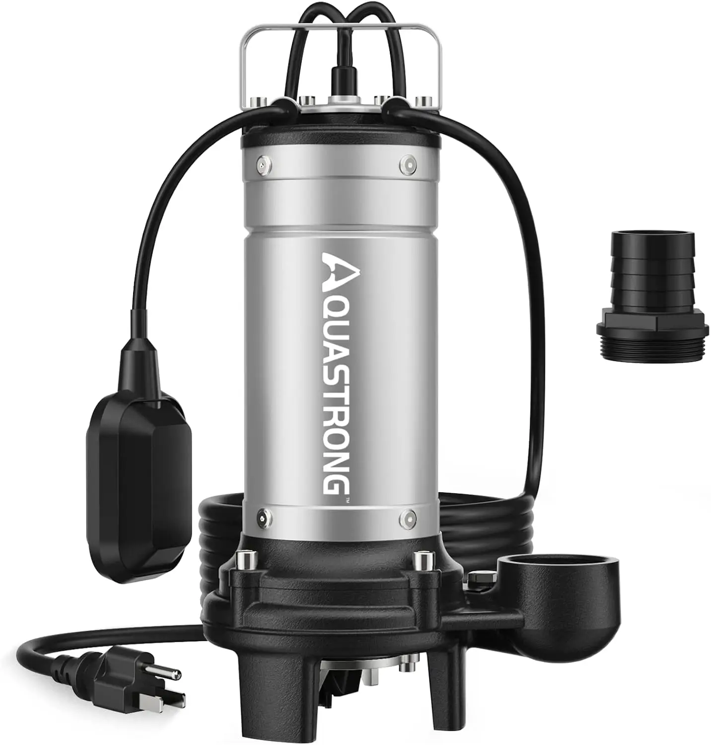 Aquastrong 1HP Sewage Grinder Pump, Stainless Steel, 115V Automatic Float Switch, Cast Iron Impeller, Submersible Effluent/Sewag