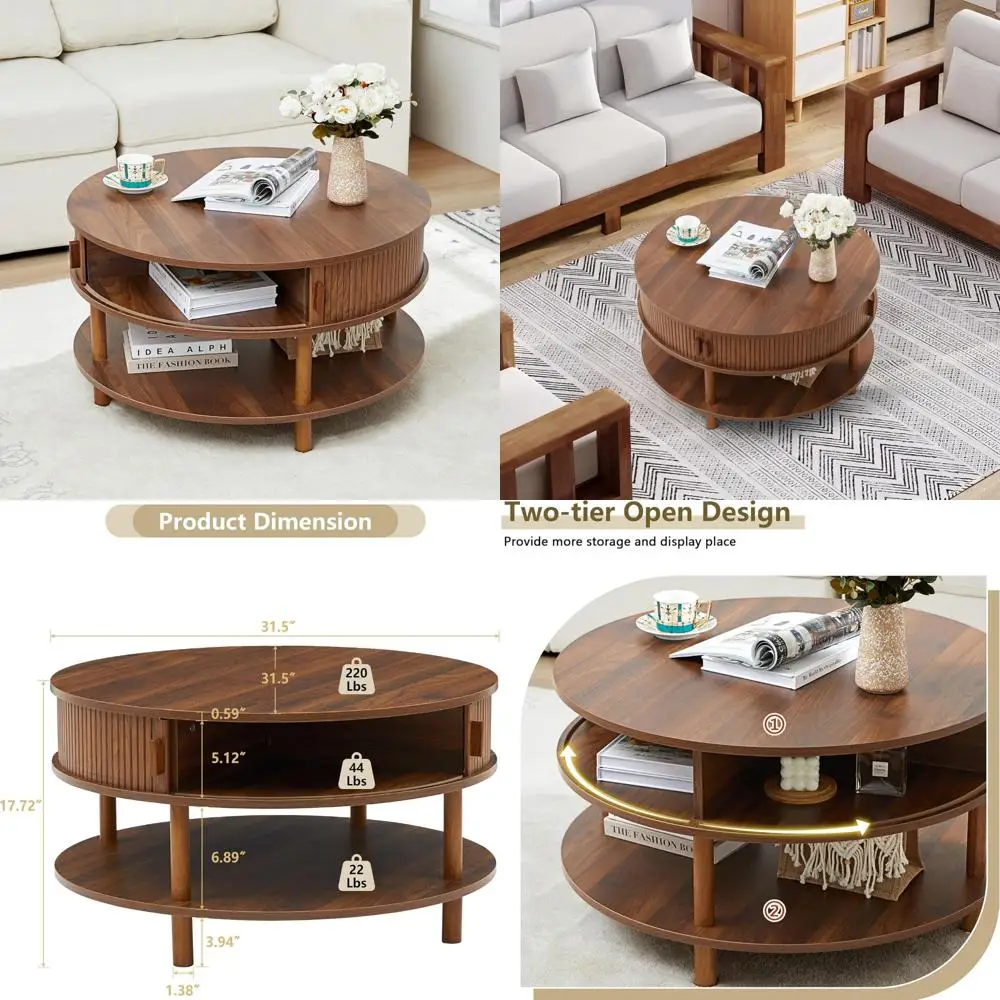 Mid Century Modern 2-Tier Coffee Table with Storage, Round Design featuring Solid Wood Legs and Fluted Tambour Sliding Door