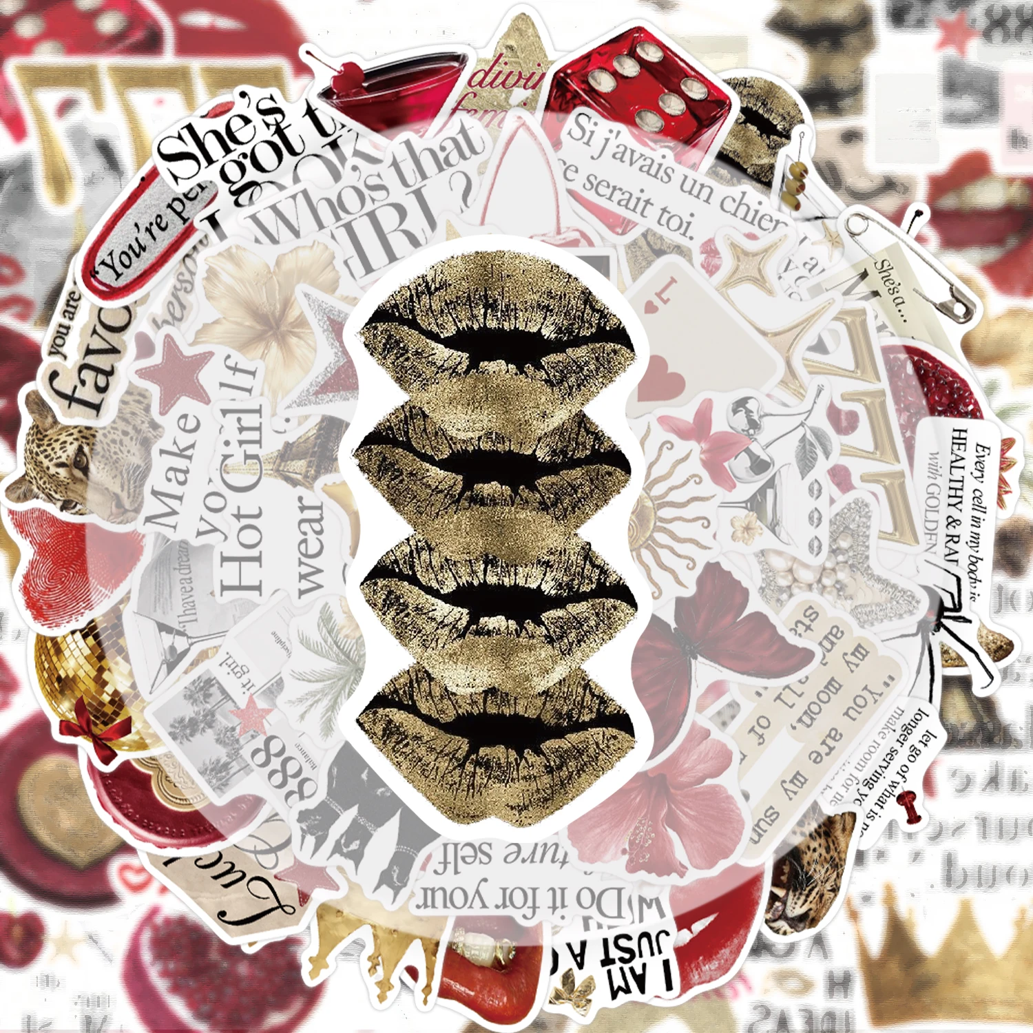 50 Pieces of Gold and Red Series Graffiti Stickers, Suitable for Decorating Water Bottles, Laptops, Mobile Phones, Suitcases, Skateboards, Guitars, Gift Boxes, and Party Decorations
