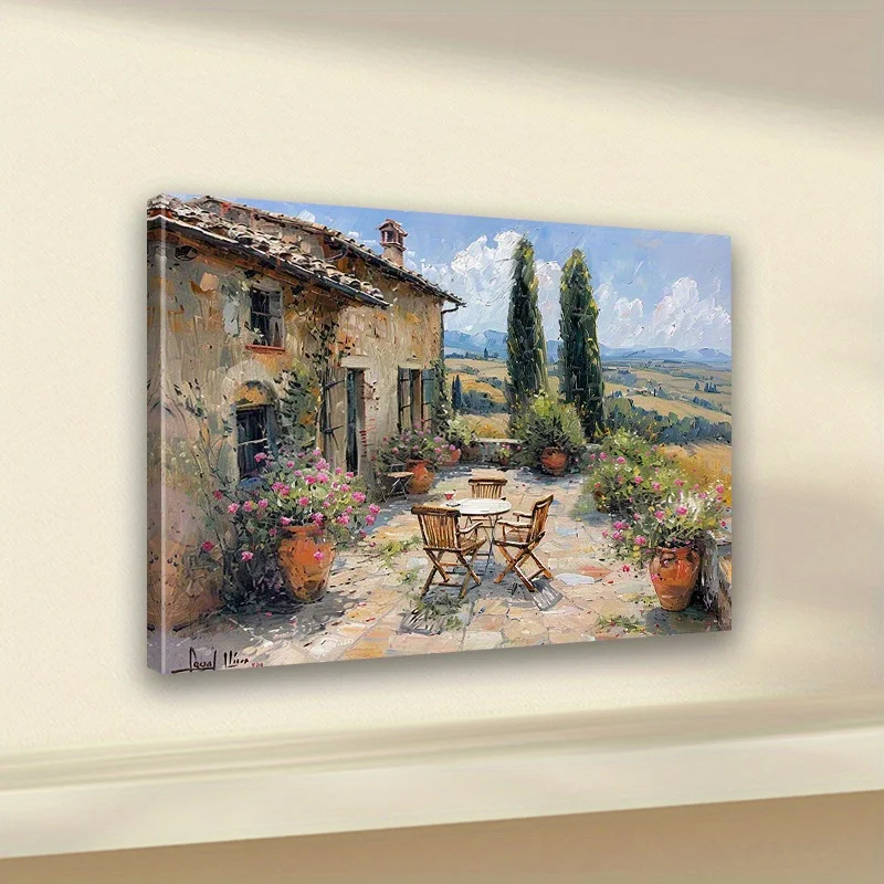 Pintura al óleo sobre lienzo con marco de madera rústica, escena de campo italiana vibrante, Ideal para vivir, 1 ud.