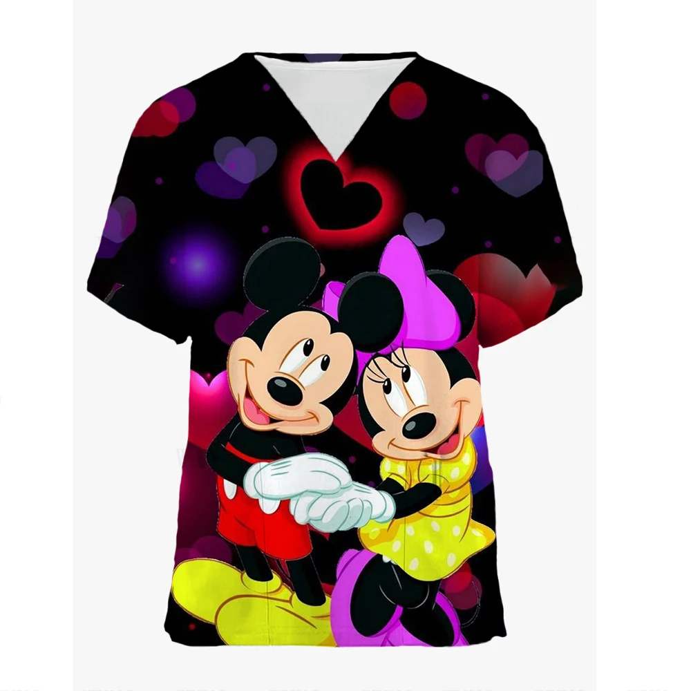 2024 Disney Pocket Hospital Woman Clothes Nurse Uniform Tees Women\'s T-shirts Mickey Top Women V Neck T-shirt Minnie Mouse Tops