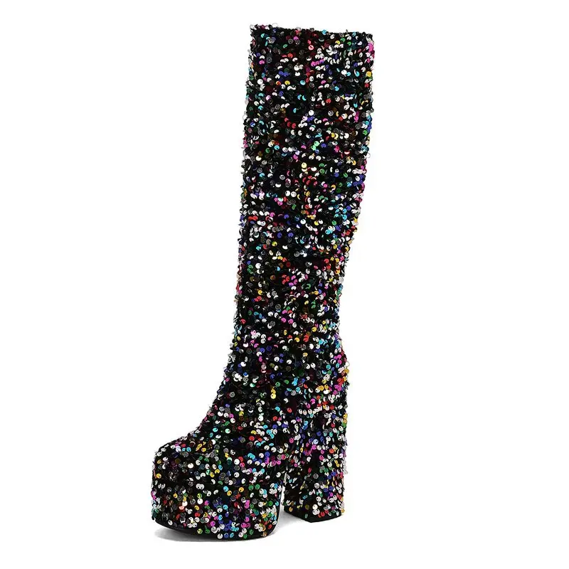 

SIMLOVEYO Chunky Heels 14cm Platform Hill Glitter Slip On 45 46 47 Club Bota Party Knee High Boots Round Toe Casual Cool Female