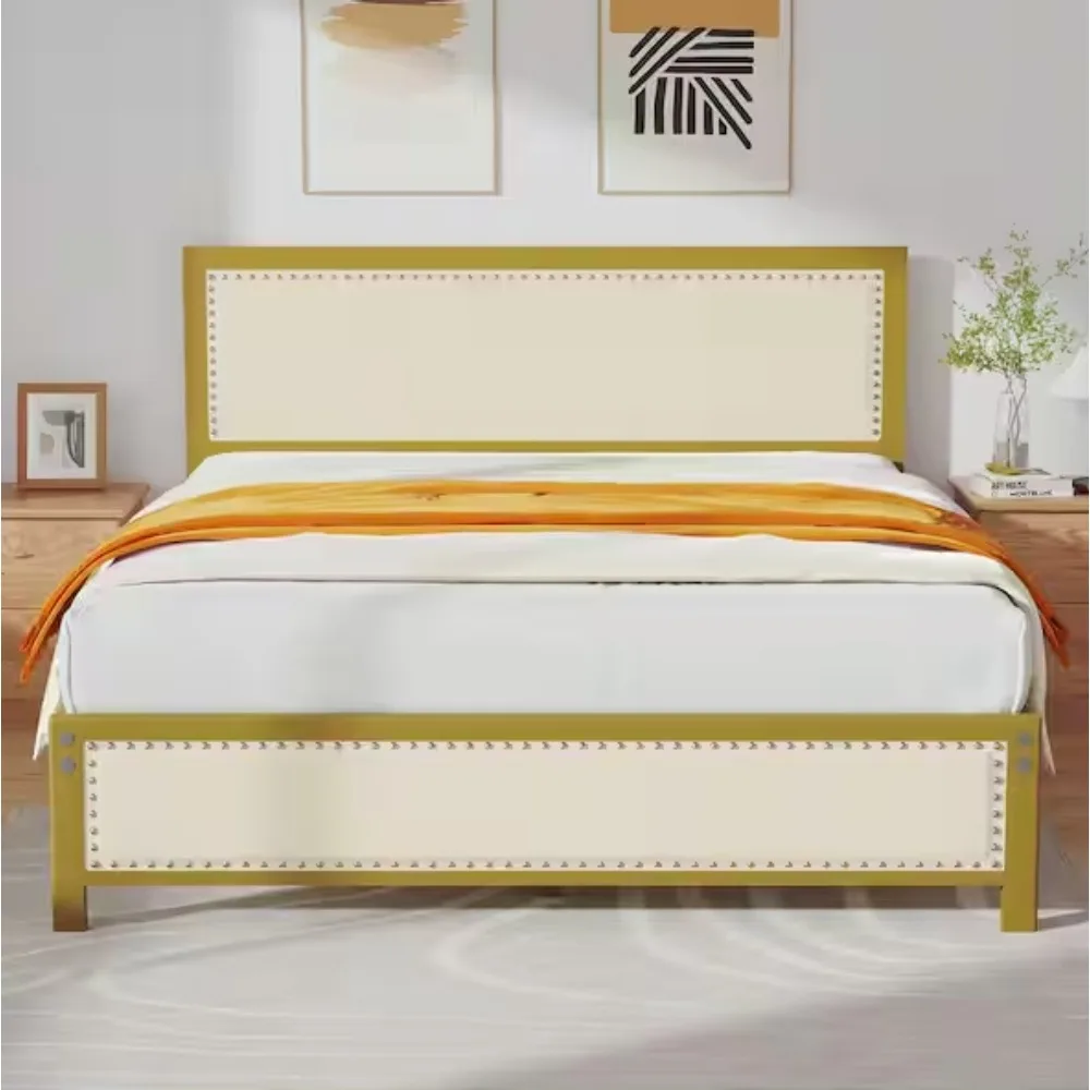 Metal Bed Frame with Linen Upholstered Headboard, Platform Bed with 12.6 in. Under Bed Storage and Nailhead
