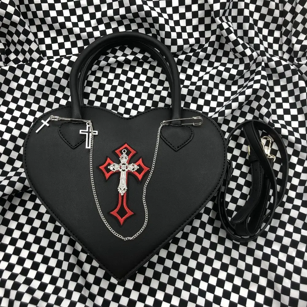 Gothic Style Women\'s Love Heart Purse Handbags Y2k Hot Girls Punk Shoulder Bag Metal Decoration Female Black Cool Messenger Bags