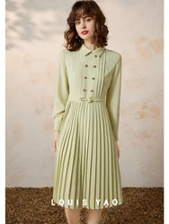 LOUIS YAO Pleated Long Women Dress 2024 Spring New Elegant Double Breasted Buckle Polo Neck Long Sleeve Slim Fit A-line Dress