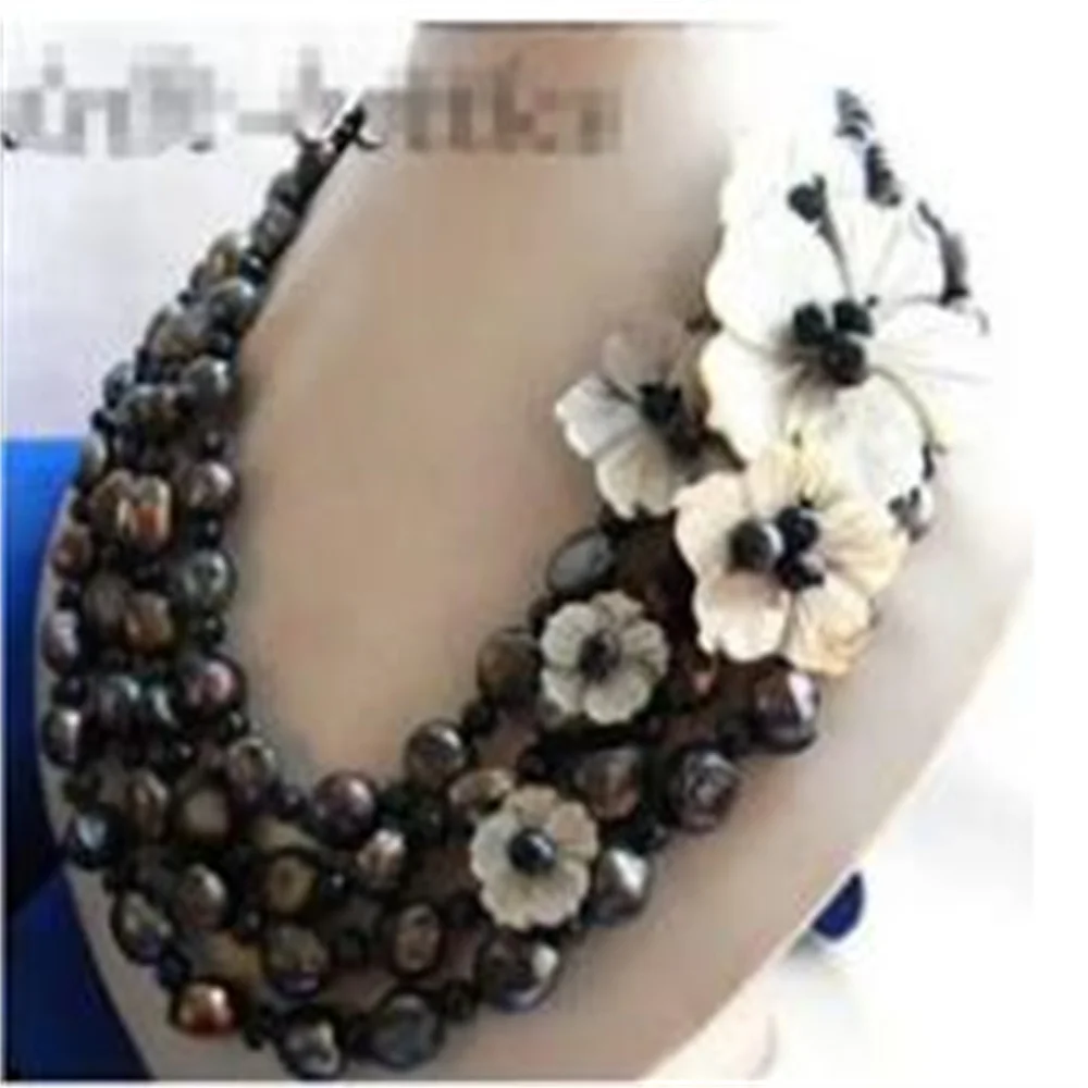 4Srands 18\'\' 12mm Black Coffee White Baroque Round Freshwater Pearl Shell Flower Necklace