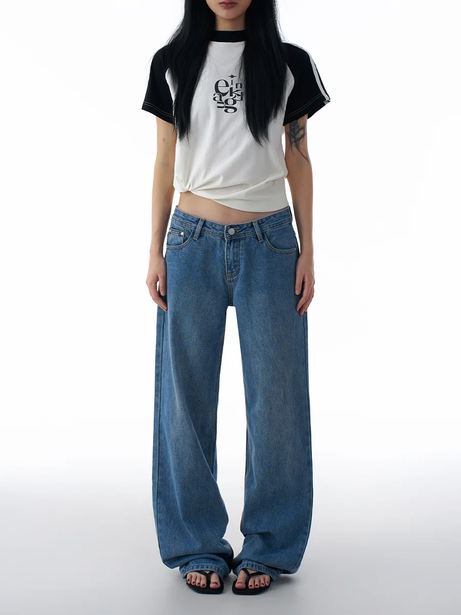 

Джинсы из американского ретро с низкой талией, женские джинсы 2025, новые узкие прямые брюки длиной до пола, не облегающие повседневные джинсы