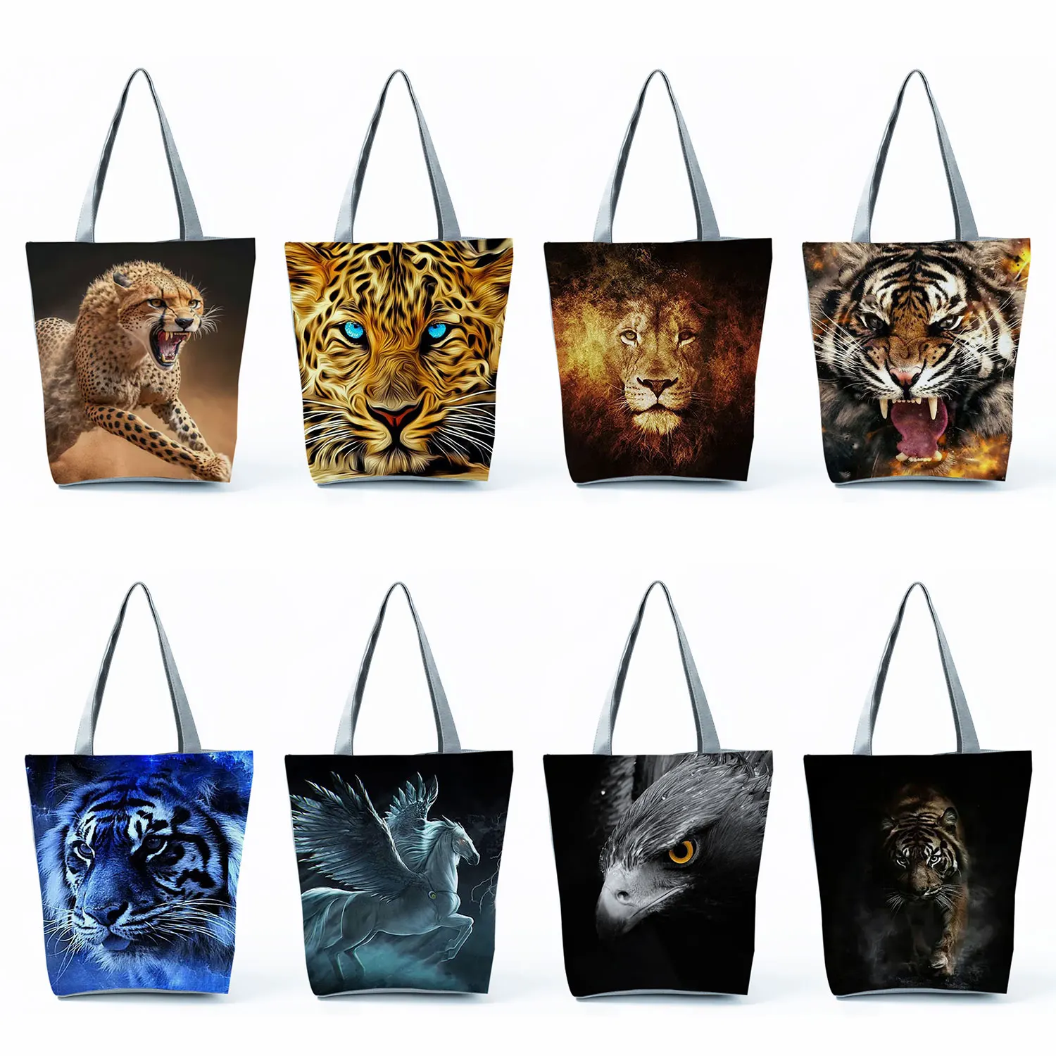 Cool Style Tiger Lion Print Handbags High Capacity Women Office Tote Bags Animal Graphic Shopping Bag Portable Travel Beach Bags