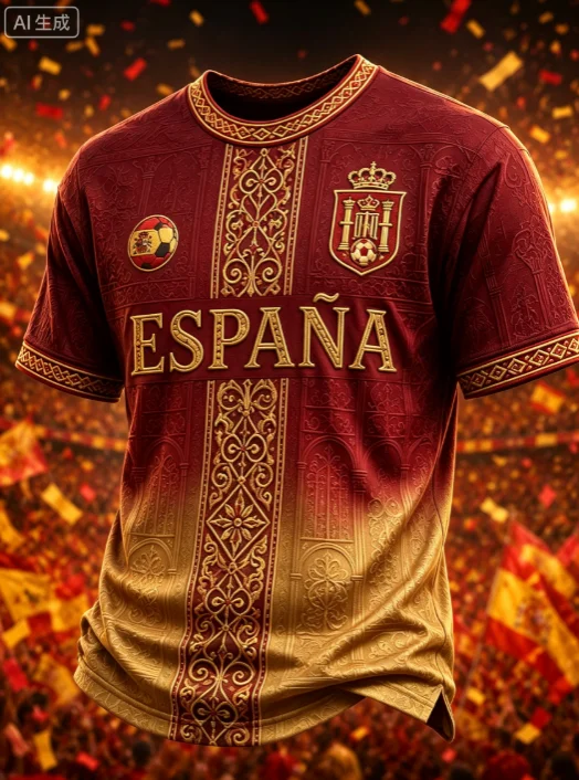 Camiseta de Fútbol Retro de España con Degradado, Insignia de la Selección Nacional de España con Grabado Dorado de Lujo, Patrón Ornamental, Manga Corta, para Aficionados al Fútbol