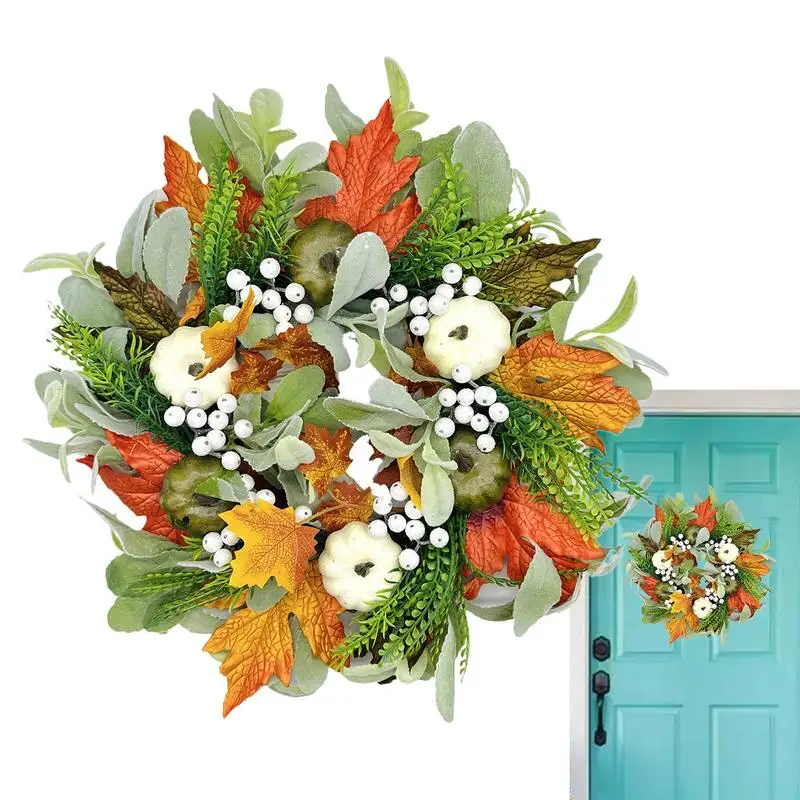 

Autumn White Pumpkin Wreath Thanksgiving Decoration Maple Leaf Wreath For Front Door Hanging Indoor Outdoor Wall Home Decor