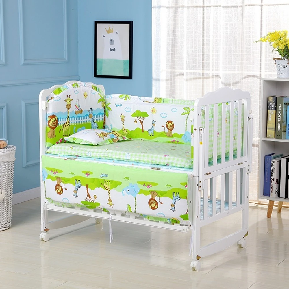 6Pcs Infant Baby Bedding Set Cotton Newborn Baby Crib Bumpers Safety Bed Fence Protector (4Bumpers+Matress+Pillow)