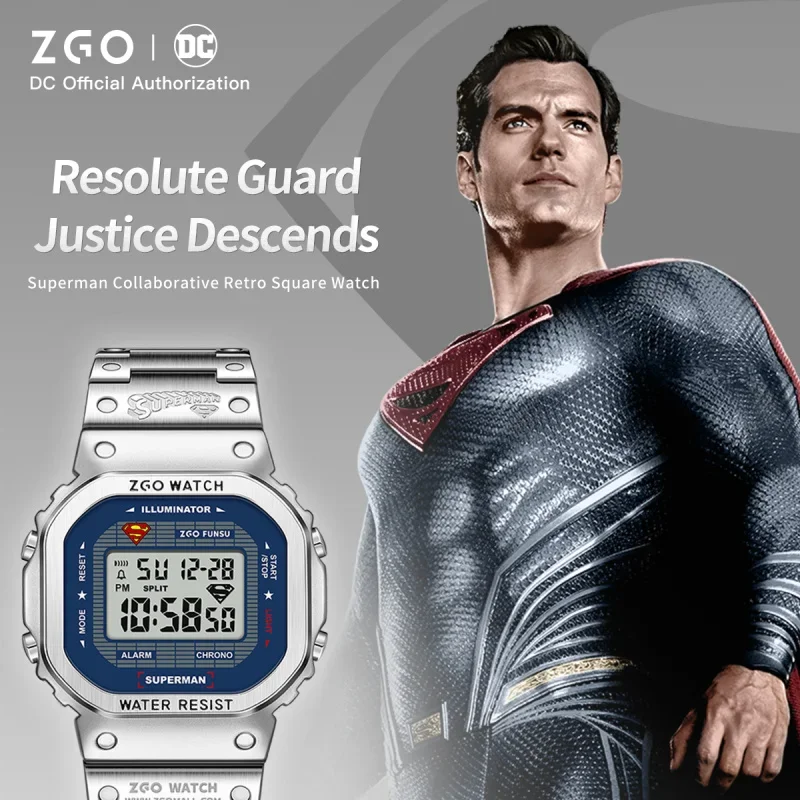 ZGO X DC Superman Children\'S Electronic Watch Small Square Multifunctional Alarm Clock Waterproof Luminous Essential Watch 889