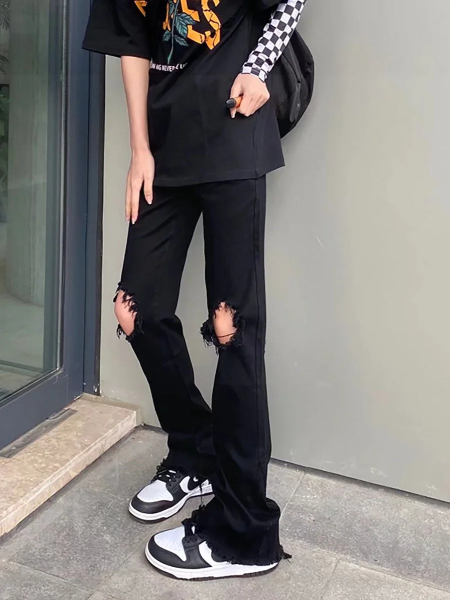 

Модные американские мужские джинсы в стиле High Street, черные, с дырками, узкие, прямого кроя, тонкие, весенне-летние, повседневные, длинные брюки