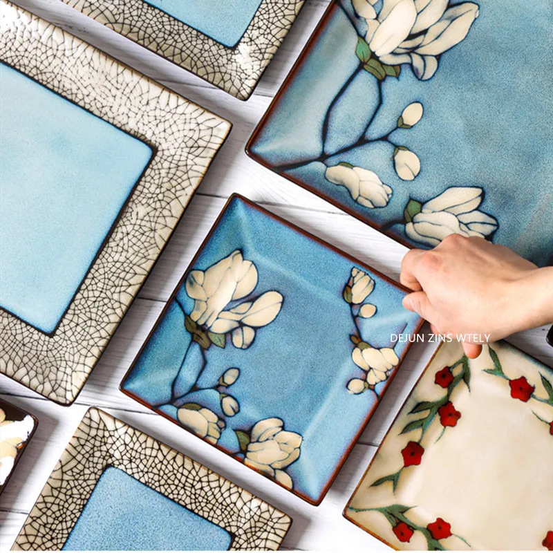 

Креативные квадратные керамические тарелки, кухонные аксессуары, керамические обеденные тарелки, тарелки для стейка и фруктов, бытовая изысканная посуда