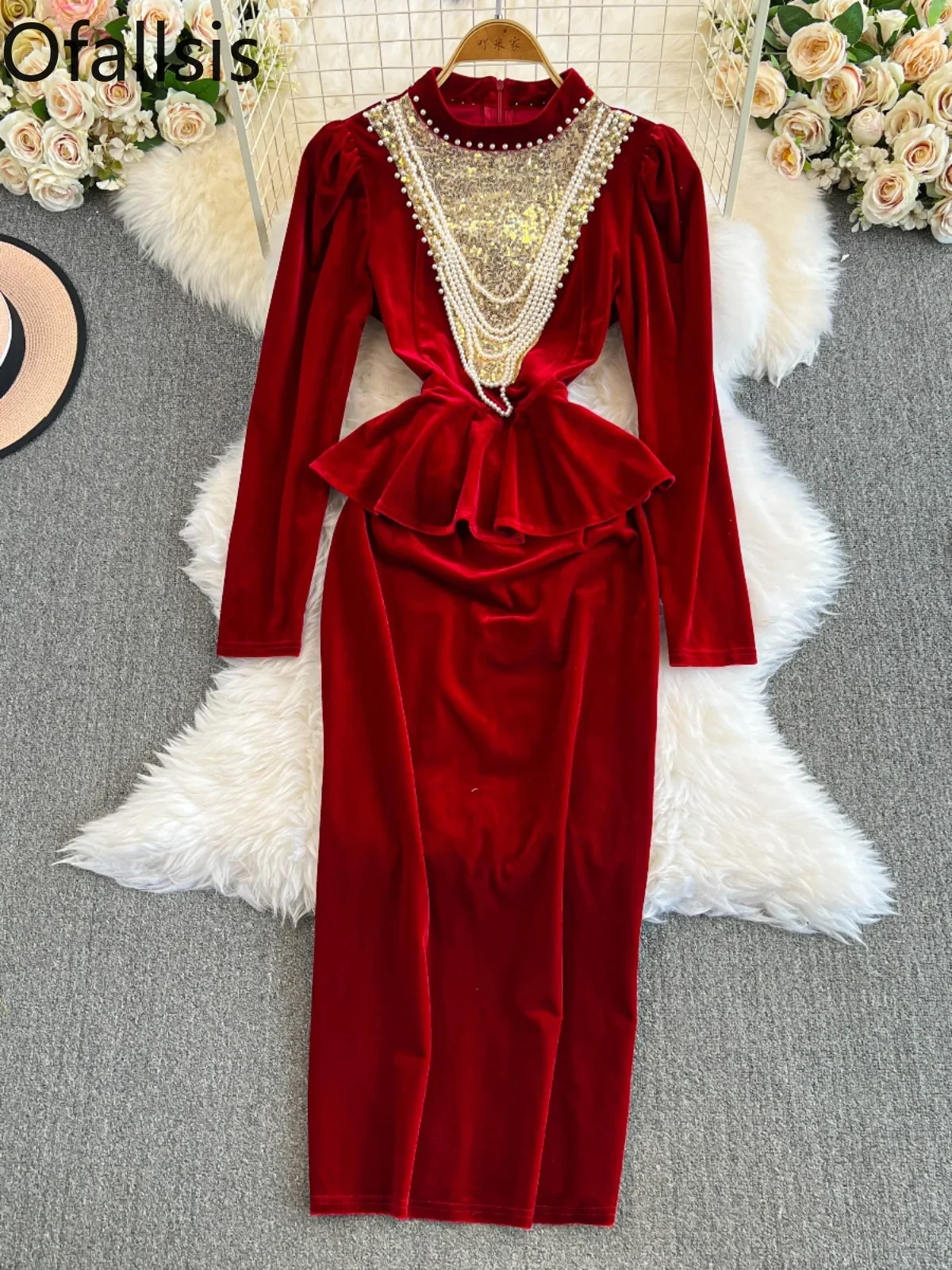 Ofallsis High End Elegant Velvet Fake Two Piece Dress 2024 Early Spring New Vintage Internet Celebrity Fashion Evening Dresses