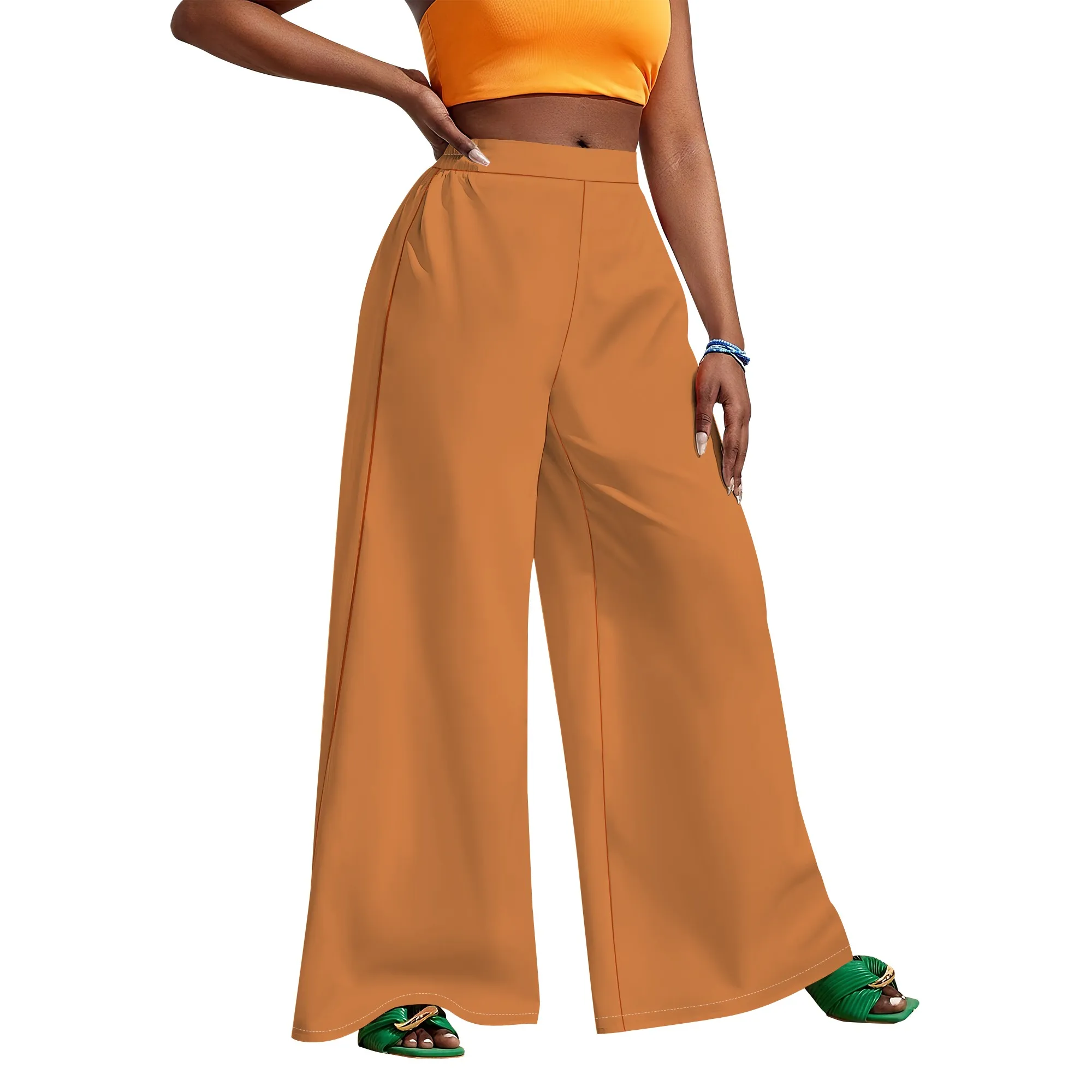 ธุรกิจทํางานลําลองสีทึบขากว้างจีบกางเกงหลวมพอดีสําหรับผู้หญิง