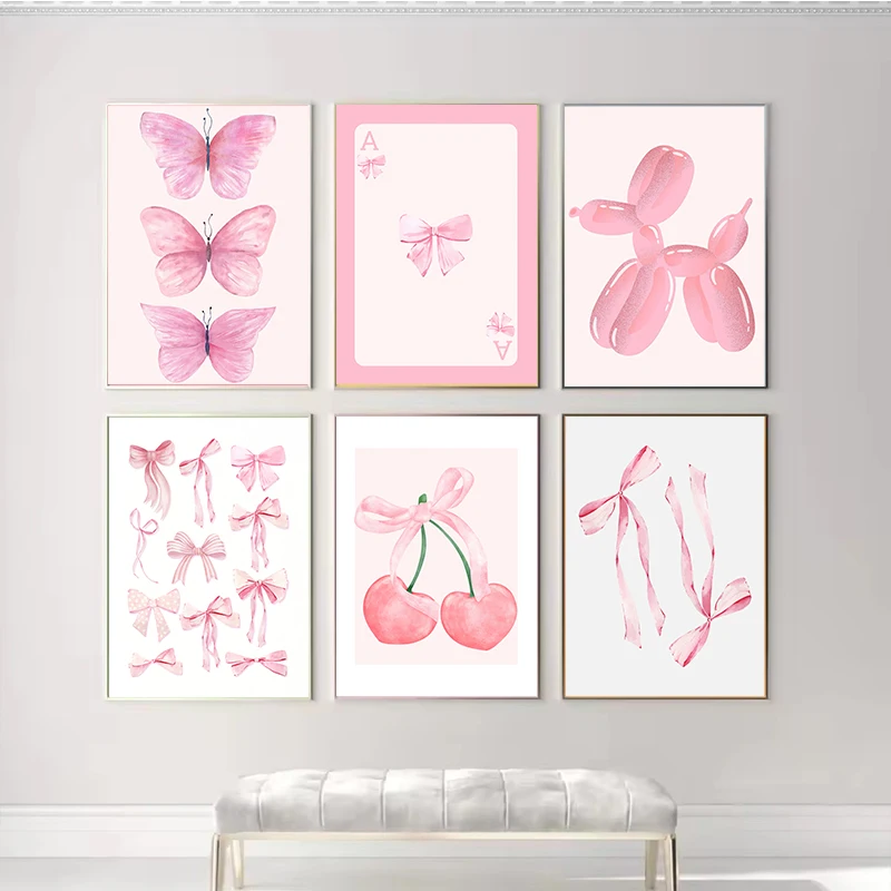 Trendy Pink Bows Poster Print Preppy College Watercolor Bows Coquette Girly Wall Art Canvas Painting Pictures Room Home Decor
