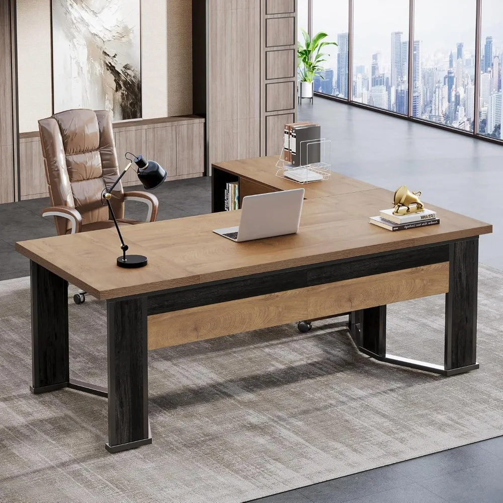 

70.86" Executive Desk with Mobile File Cabinet, Large L Shaped Computer Office Desk with 2 Drawers and Storage Shelves