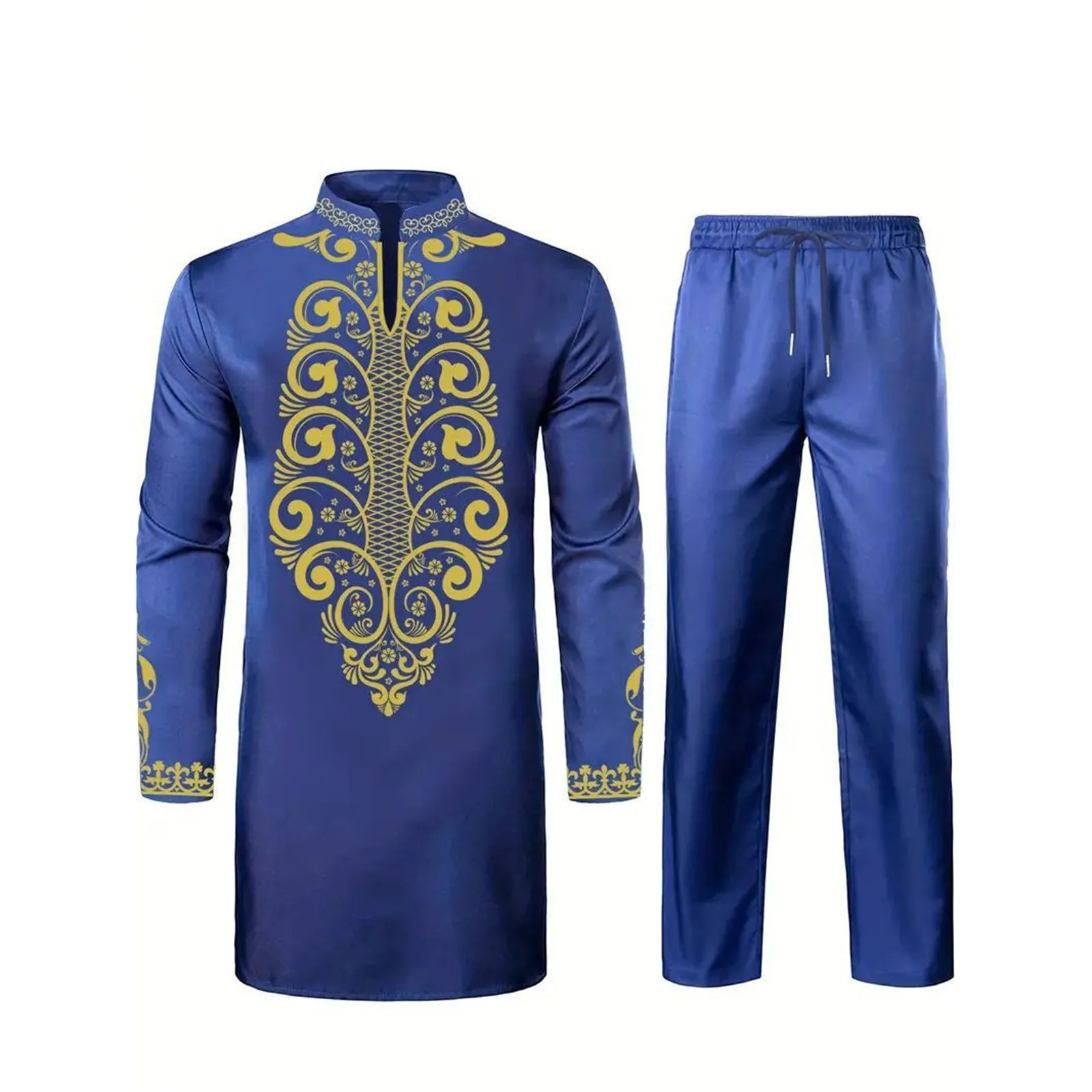 Men African Two Piece Set Traditional Suit Long Sleeve Gold Print Shirt Pants Party Africa 2025 Summer Gentleman Ethnic Outfit