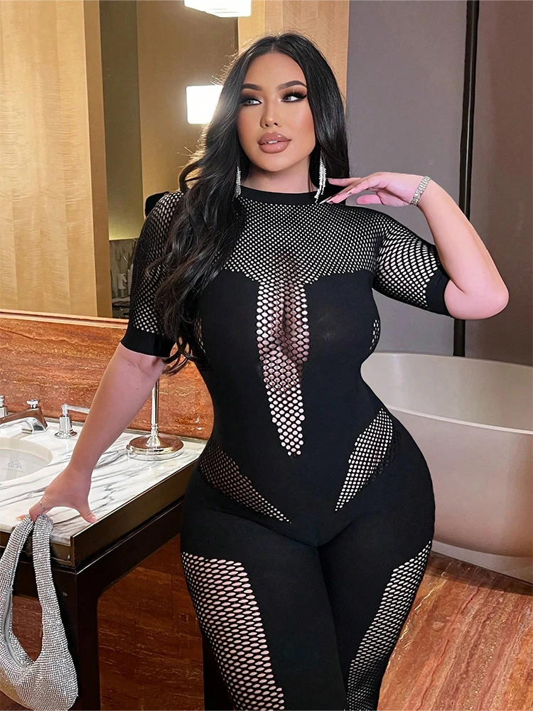 Plus-size Hot Girl Sexy Mesh Jumpsuit Women's Sexy Slim Bodycon Black Nightclub Style Party Tight Jumpsuit