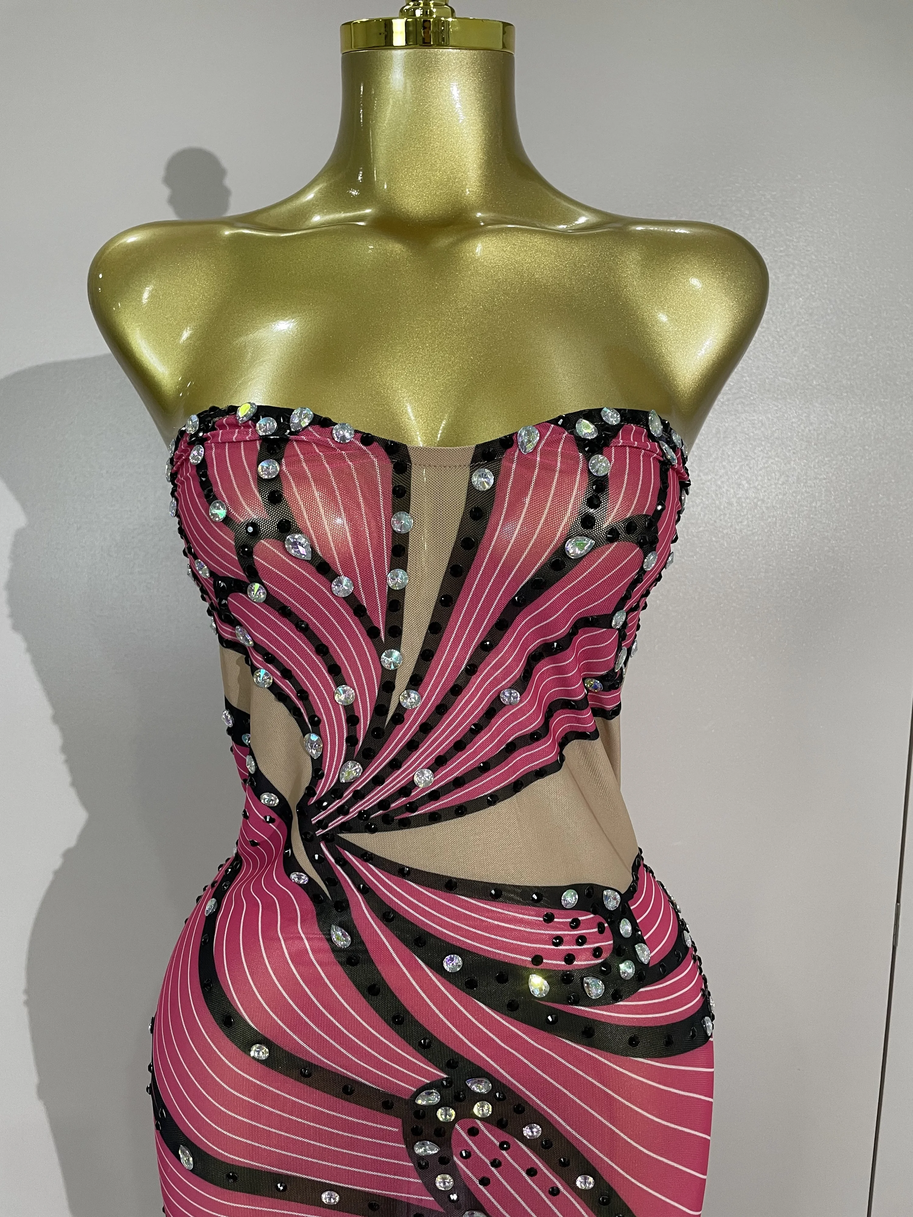 

New Women Luxury Rhinestone Sexy Strapless Mesh Maxi Dress Evening Party Celebrate Birthday Performance Nightclub Stage Costume