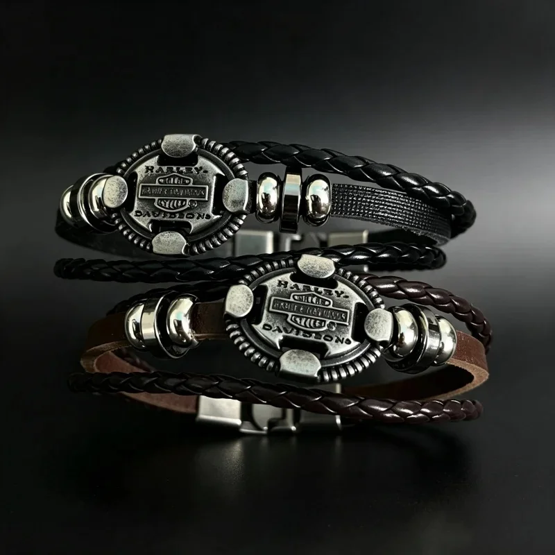 Premium Genuine Leather Multilayer Braided Bracelet For Harley Davidson Fans Magnetic Buckle Closure Durable Men'S Fashion Wrist