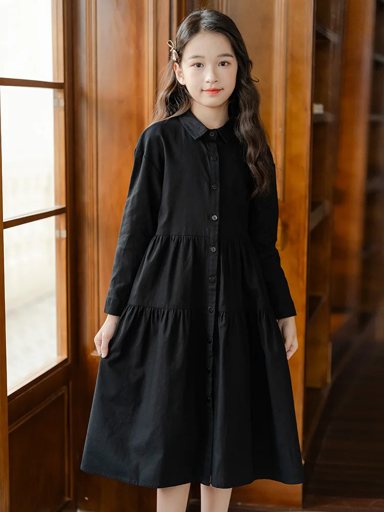 Long Sleeve Dresses For Girl Fall Spring School Big Girls Dresses College Tween Clothing Purple Black Blue Shirts Dress Button