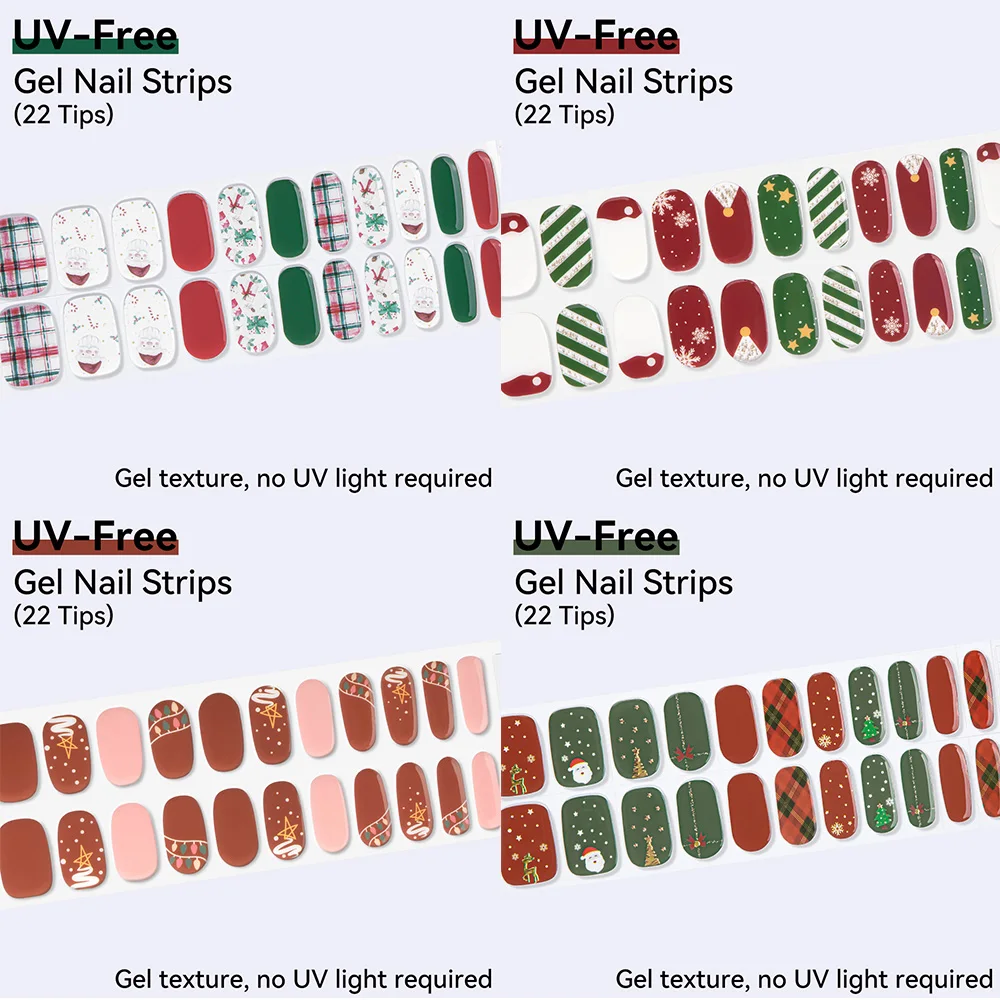 Tiras de uñas de Gel con forma de copo de nieve de Papá Noel, sin UV, 22 puntas, pegatinas de Gel autoadhesivas para uñas, decoración de manicura DIY roja y verde