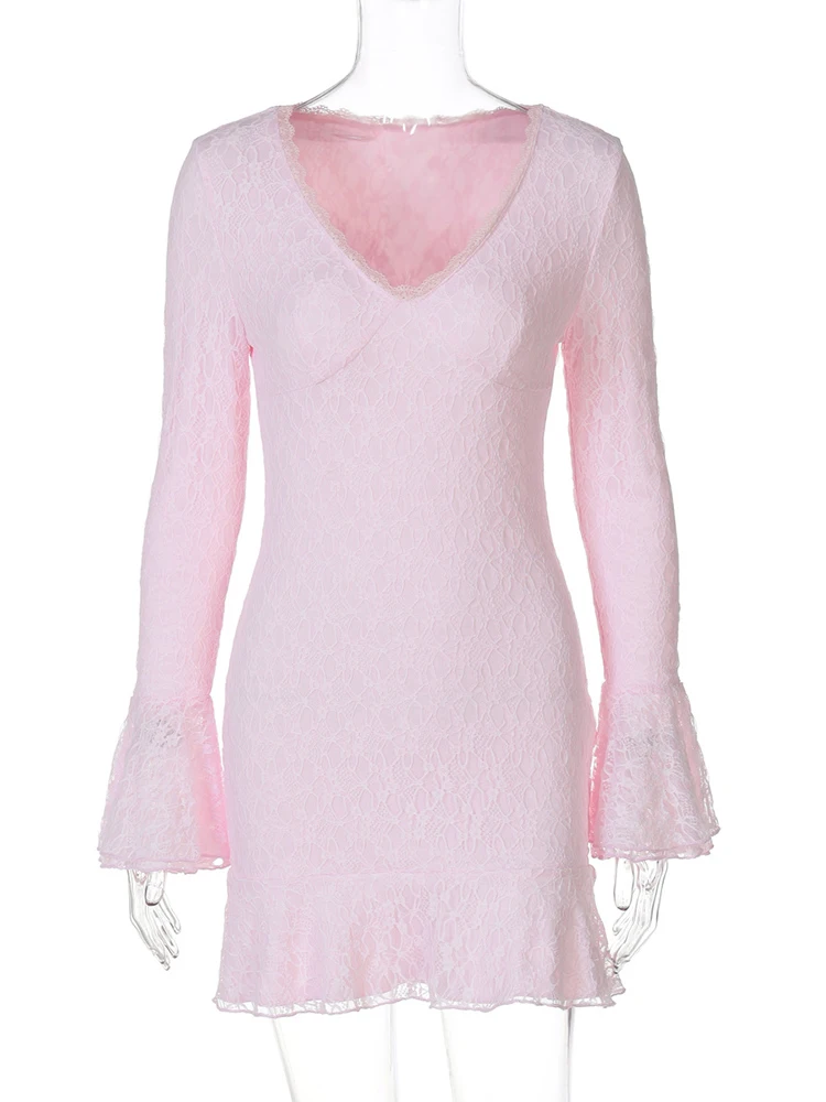 Oniflyme ลูกไม้ Patchwork Ruffles ชุดมินิผู้หญิง Flare แขน V คอ Slim สะโพกชุดเดรส Elegant Bodycon Partywear Robes