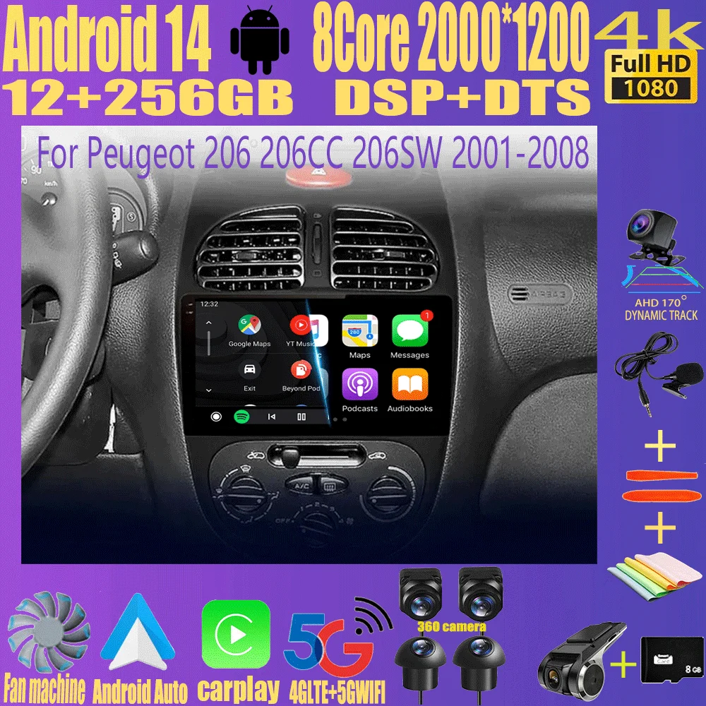 

Android 14 2 Din Carplay Auto For Peugeot 206 CC SW C2 2001-2008 Car Radio GPS Multimedia Video Player Stereo WIFI+4G DSP