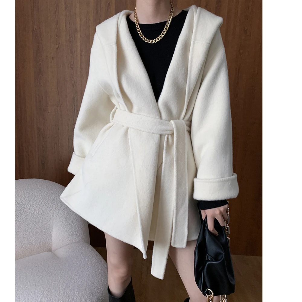 2024 Women Autumn Coats Open Stitch Hooded Woolen Coat Drouble Face Wool Women Winter Cape Femme Tops