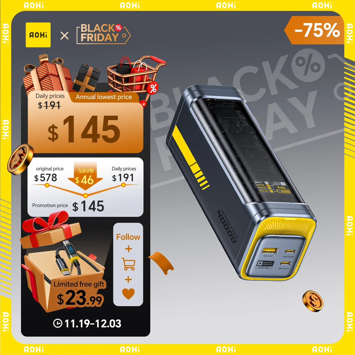 

AOHI Starship Power Bank 40,000 мАч 140 Вт PD3.1 Power Bank для ноутбука с кабелем C-C, станция быстрой зарядки для ноутбука iPhone MacBook