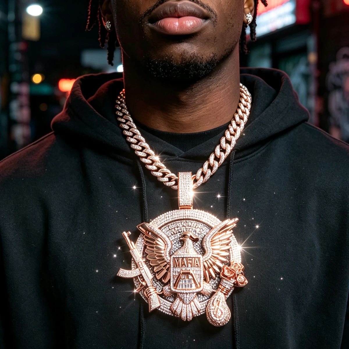 Iced‑Out Mafia Eagle Pendant Street Fine Jewelry Gifts for Men Boy Friends Rapper 3D Bling With Money Bag And Gun Hip Hop Charm
