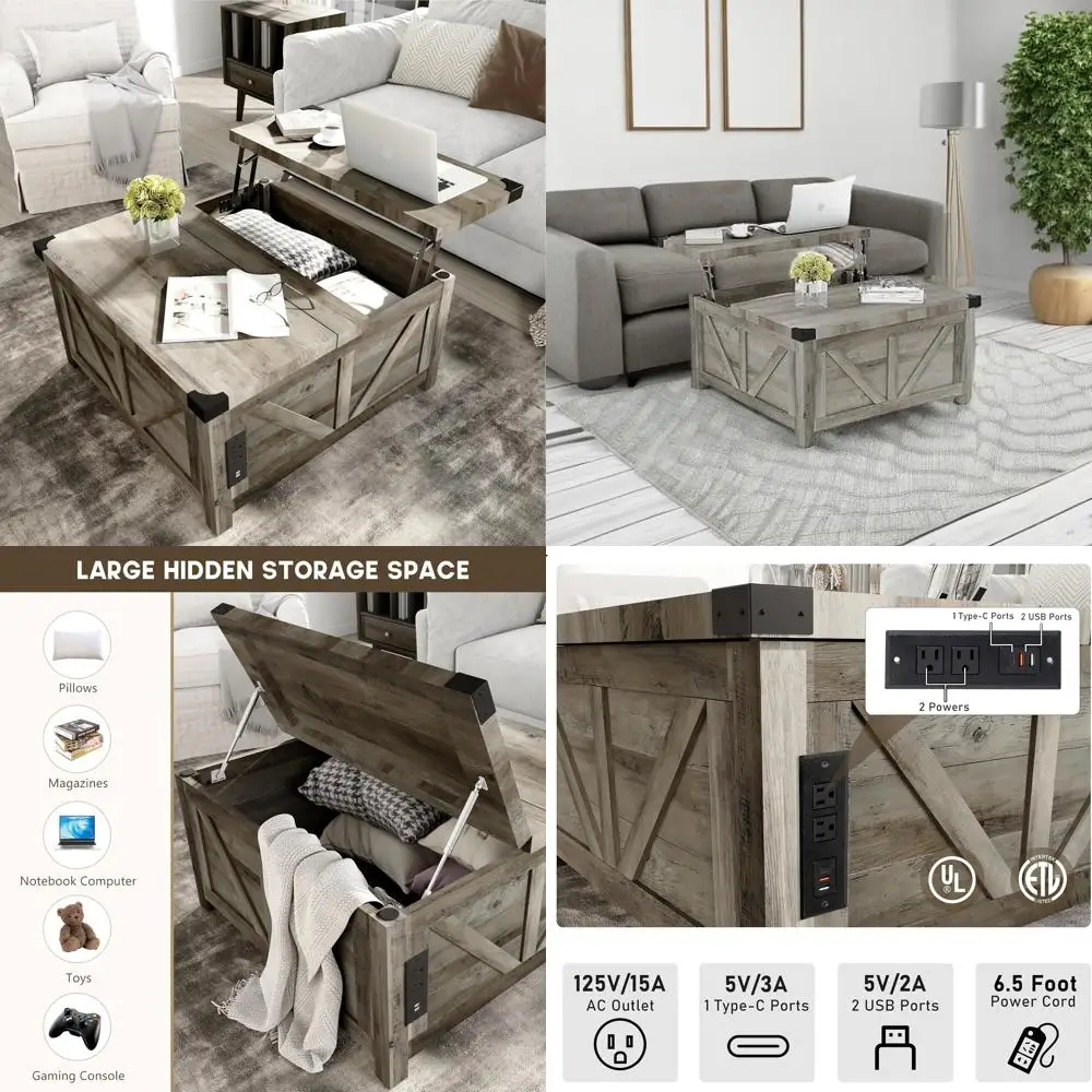 طاولة قهوة بمحطة شحن مع منفذ USB، وحدة تخزين، وأثاث غرفة المعيشة الخشبي المربع الكبير