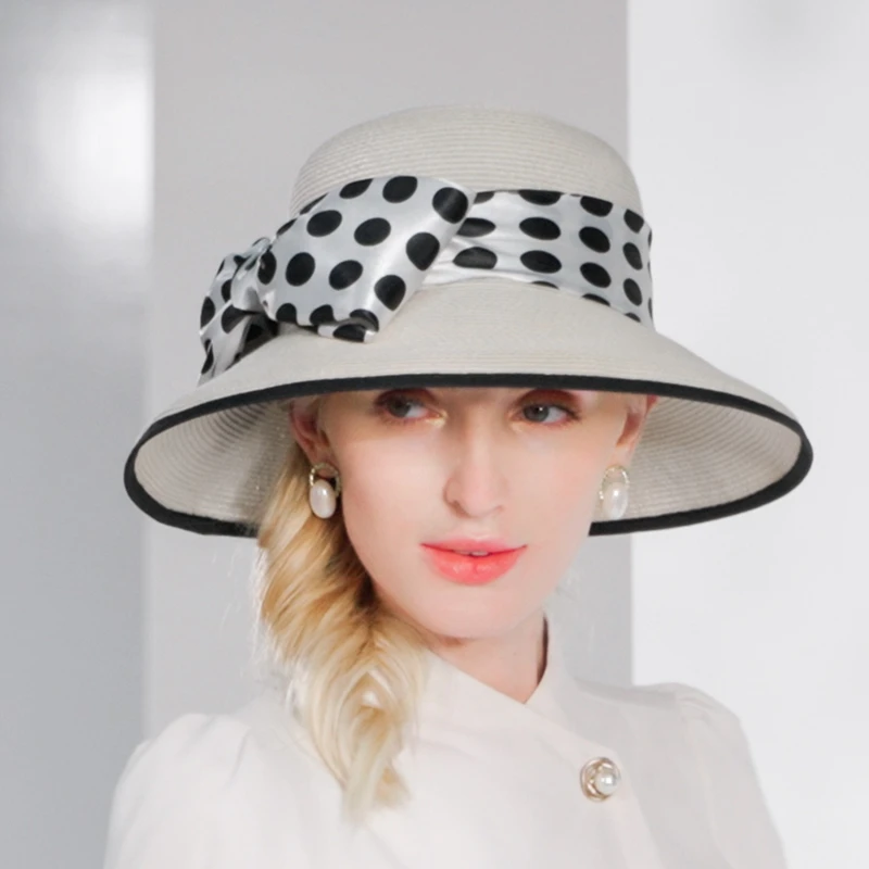 

X4156 Lady Wide Brim Sun Hat Leisure Fashion Bowknot Wave Point Sun Protection UV Protection Sun Visor Cap Straw Hat Beach Cap