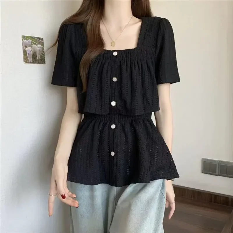 

Women's Plus Size Square Neck Eyelet Blouse Ruffled Peplum Short Sleeve Summer Top