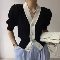 Summer Elegant Puff Short Sleeve Cardigan Office Lady 2023 Korean Contrast Single Breasted V-Neck Casual All-Match Knitted Tops