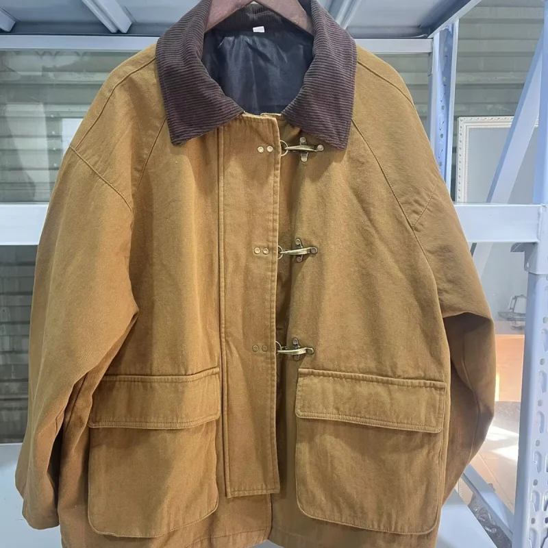 2025Veste en coton à col rabattu pour femmes, mode automne européenne et américaine, décontractée, ample et amincissante