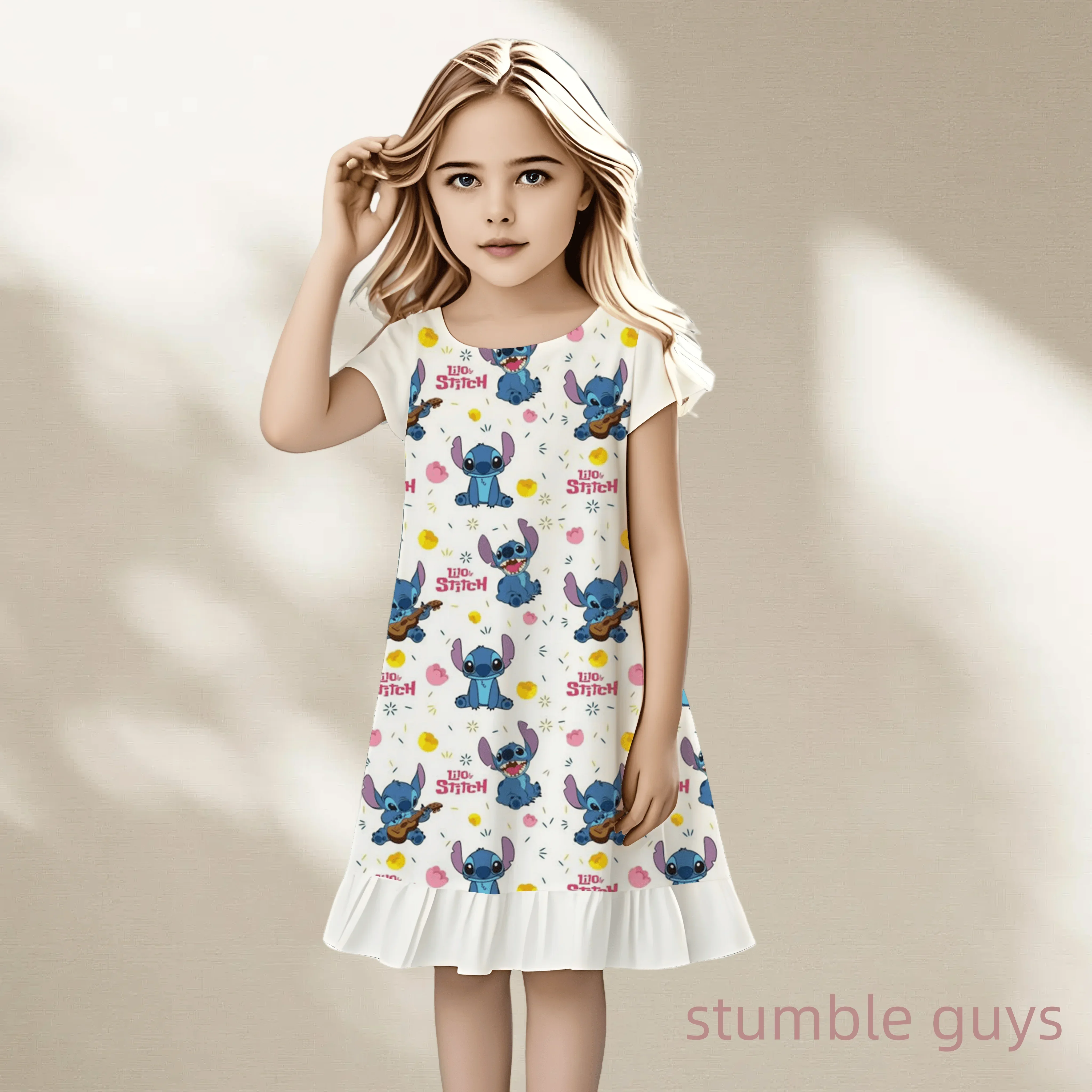 

2025 New Summer Kids Cartoon 3-8Years Dress Sleepwear Princess Girls Printing Nightgowns Children Party Dresses Pajamas Stitchs