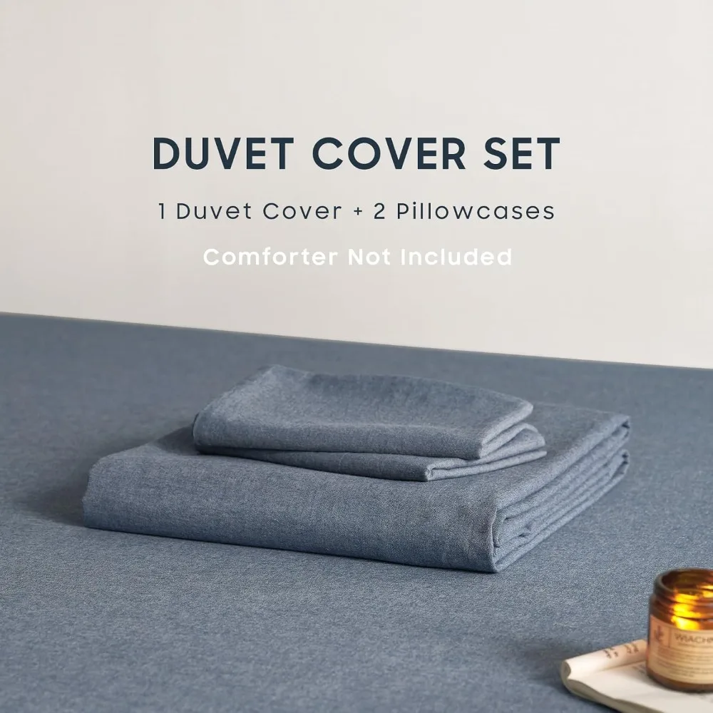 Washed Cotton Duvet Cover Set 3 Pieces Linen Like Textured Breathable Queen Denim Blue