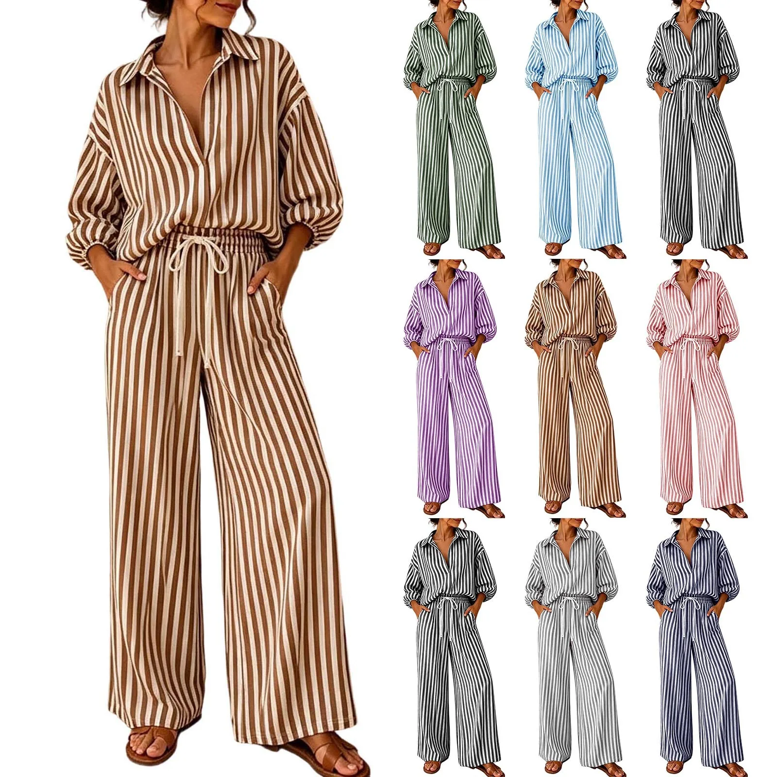 Women Striped 2 Piece Outfits Long Sleeve Lapel Shirt High Waist Drawstring Wide Leg Pants Set Casual Vacation Two Piece Suit