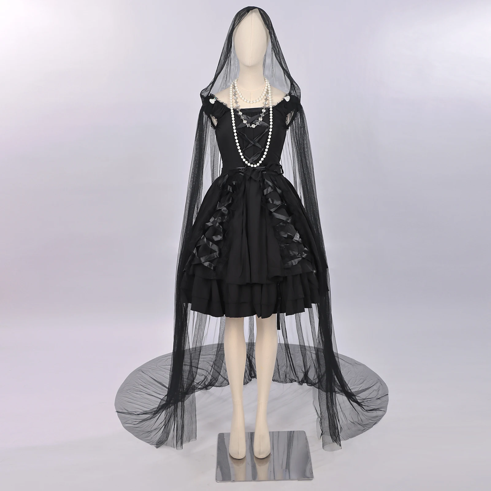 فستان نسائي أسود قوطي مع حجاب بطول الأرض، فستان أنيق للحفلات مكشكش