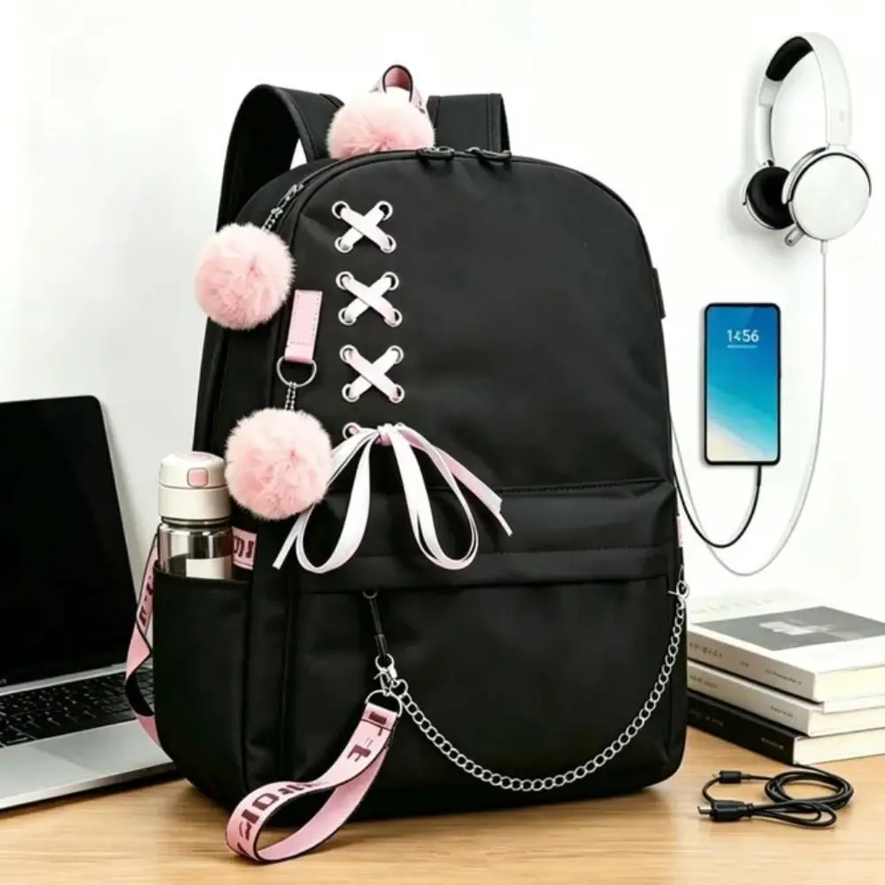Large Capacity School Backpack Black Chain Decoration Laptop Backpack Breathable Reduces Load Travel Backpack