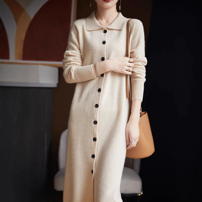 

Women'S Autumn Long Shirt Collar Dress, Turn-Down Collar Mid-Length Cardigan, European Style Autumn Winter Base Layer Women'S Sw