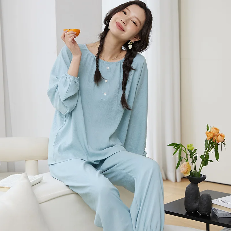 New Home Service Women's Pijamas Spring Autumn Sleepwear Suit Casual Round Neck Long-Sleeved Candy Color Ladies Pajamas Set