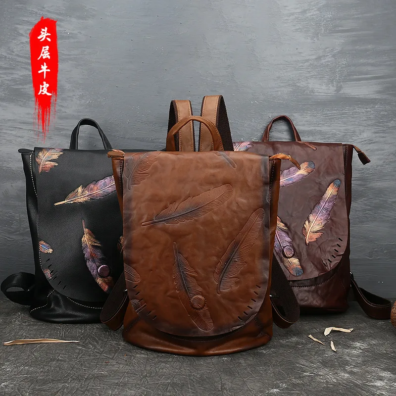 Large Capacity Travel Rucksack, Retro Ladies Vintage Brown Genuine Leather Backpack for Women, Bohemian Feather Printed Daypack