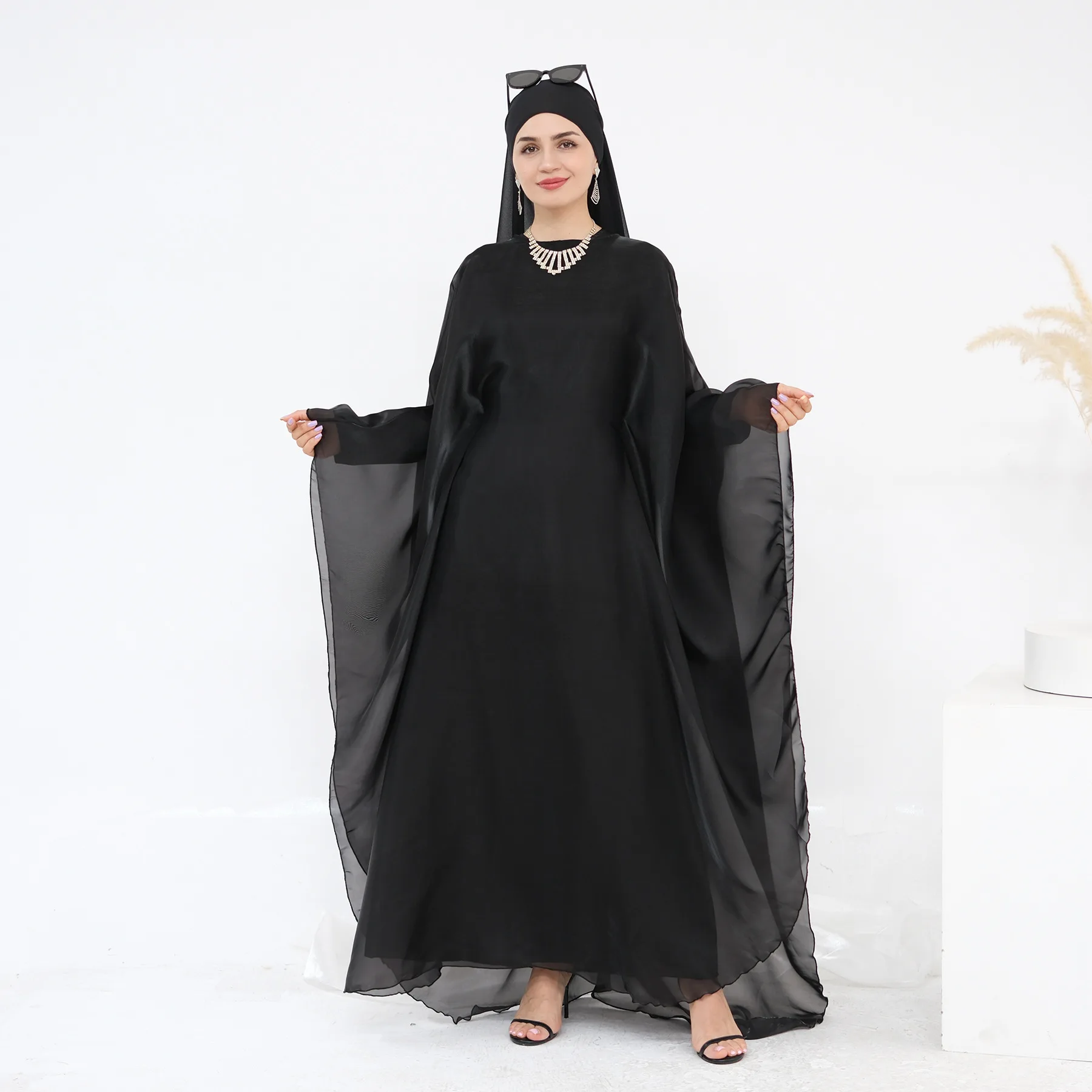 Zweiteiliges Set für Damen, Abaya + Hijab-Set, modisch, Übergröße, langes Kleid, muslimische islamische Kleidung mit Innenkleid, Schal-Anzug