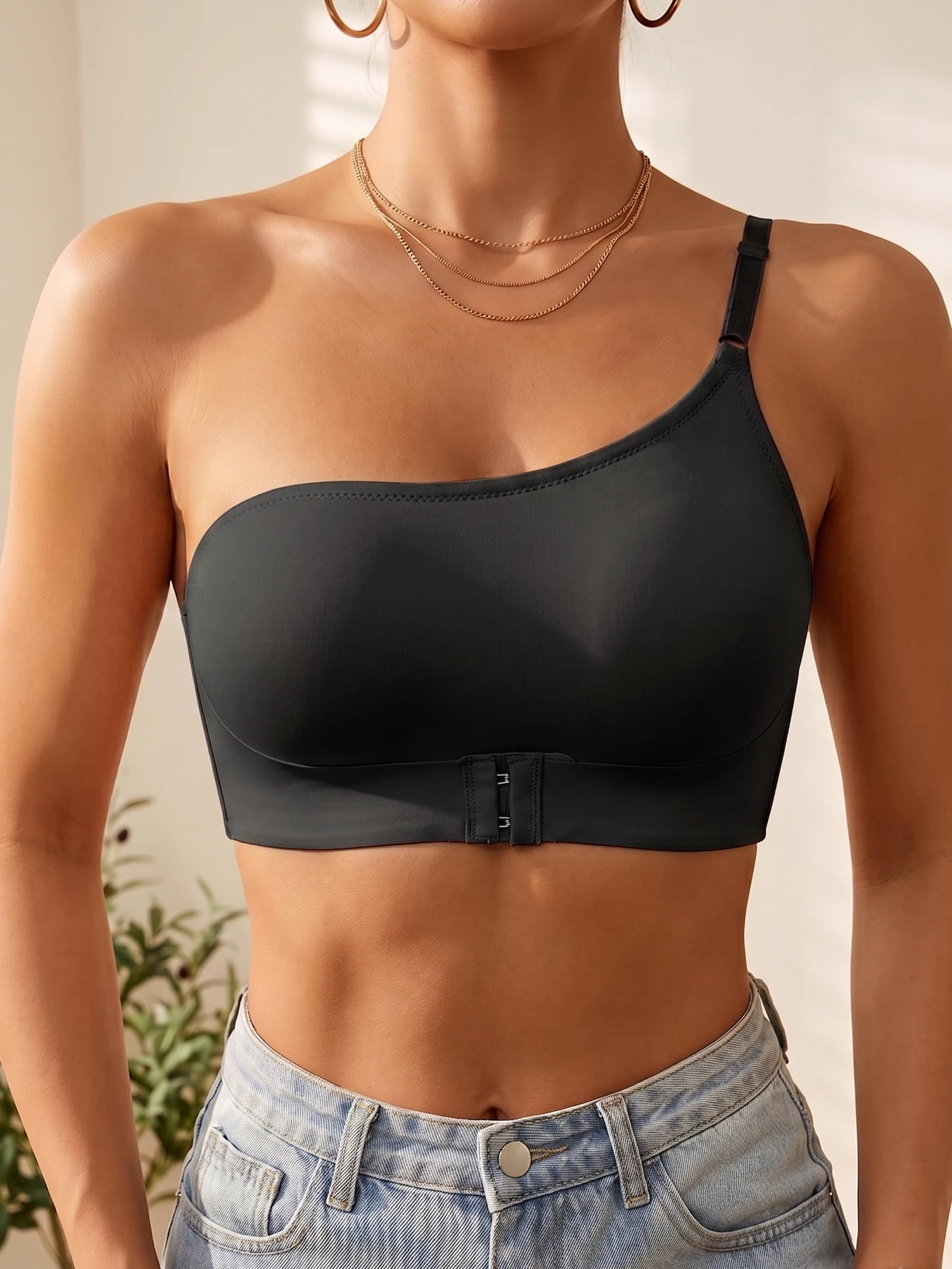 Nahtloser One-Shoulder-BH für Damen mit Frontverschluss, bequem, ohne Futter, kabellose Unterwäsche – Detail 8