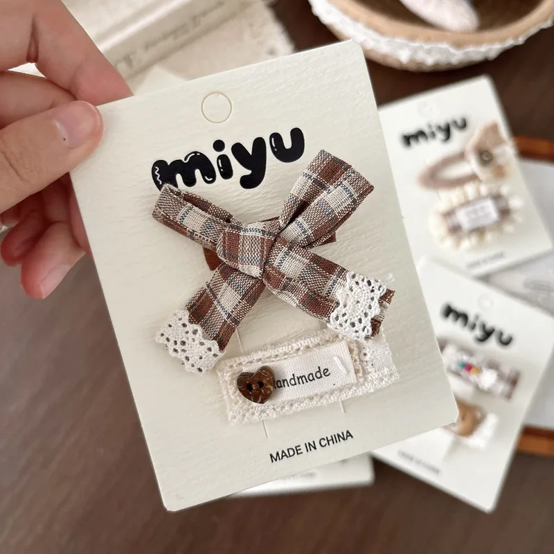 Kids Hair Clips Forest Plaid Lace Bear Flower BB Clip Milk Coffee Bow Snap Clip Fabric Lightweight Small Girls School